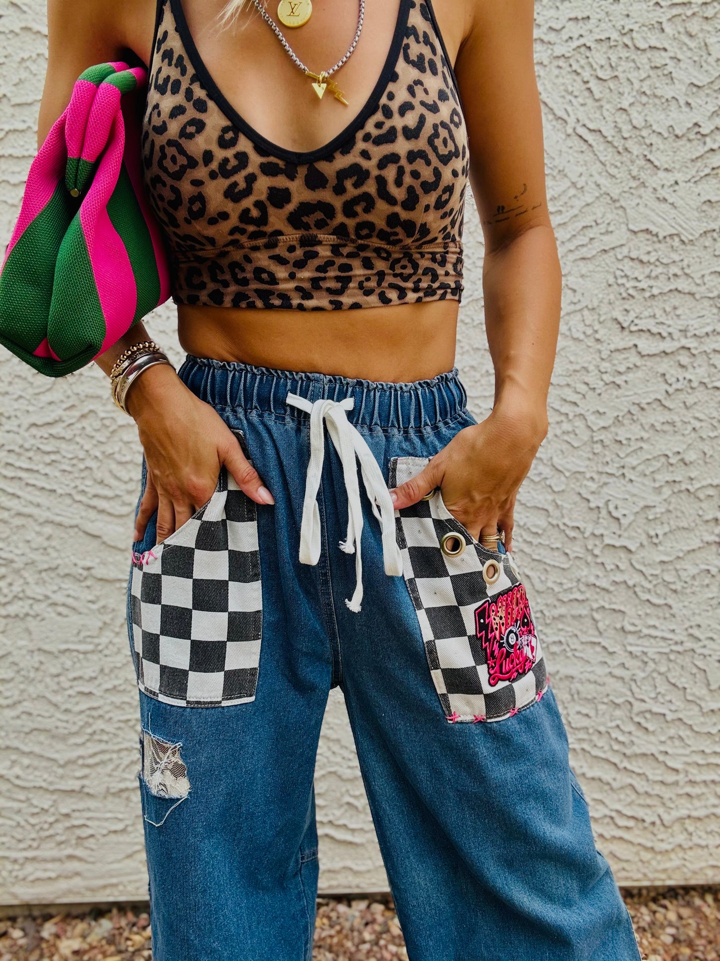 AUG- WILD LUCKY PINK CAMO LACE REWORK WIDE LEG LIGHT DENIM- SIZE MEDIUM ELASTIC WAIST BAND AND DRAW STRING