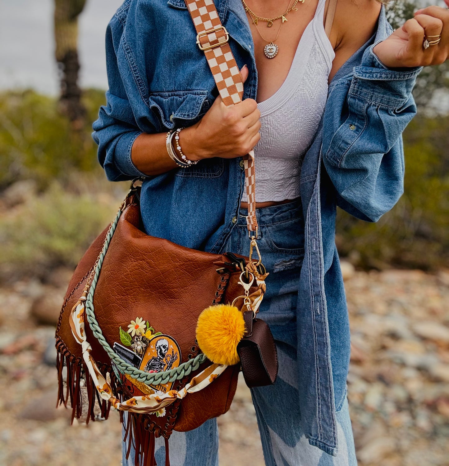 NY-vintage book baddie- floral and skeleton - checkered strap - vintage bee embellishment crossbody strap included** The Jerome**