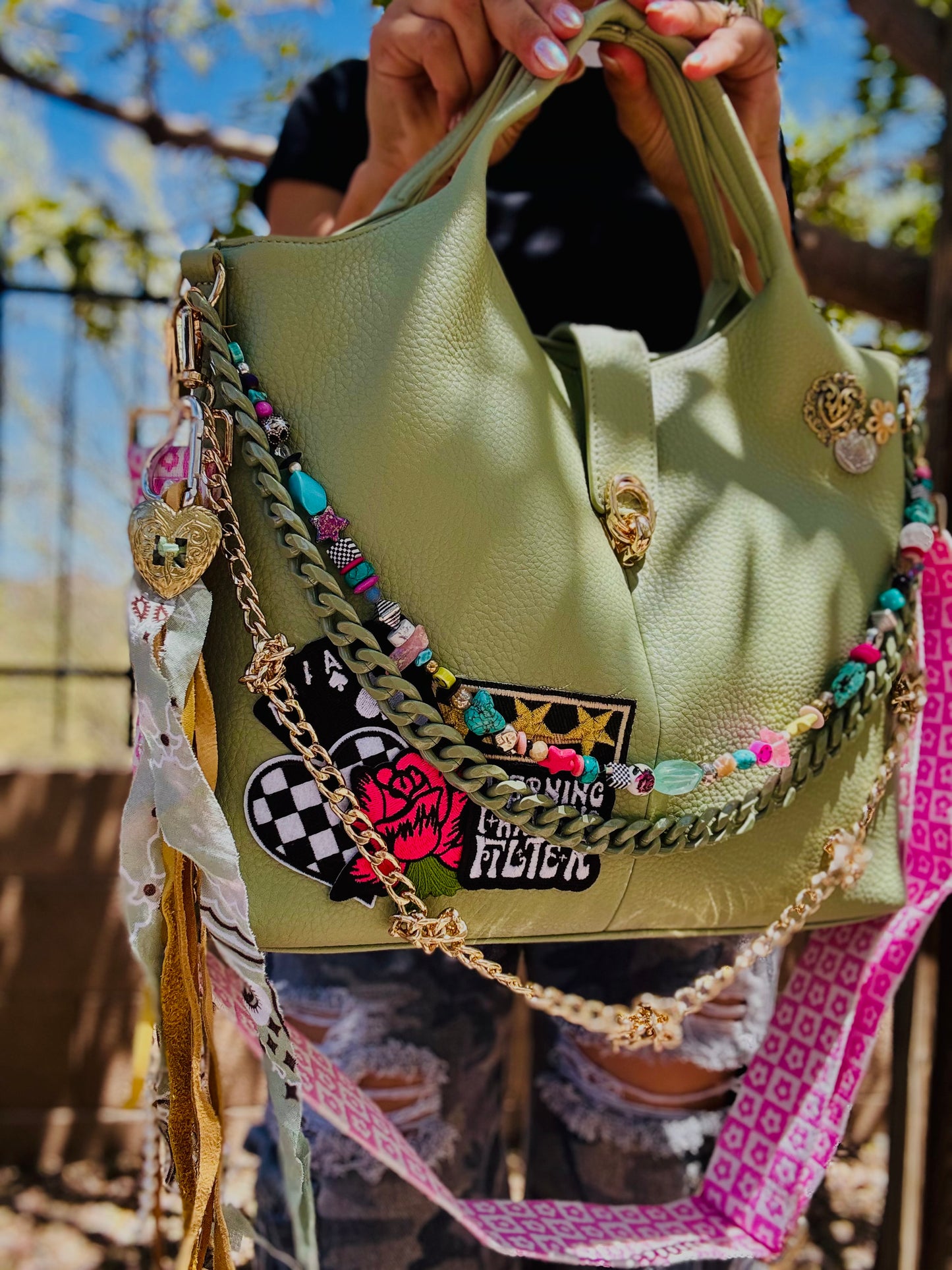 AA-WARNING I HAVE NO FILTER PINK  STRAP+ HAND BEADED PIECES +elk hide accents +TUCSON ￼** multi straps