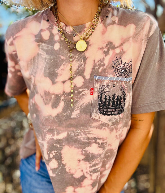 MD-GOD FORBID WOMEN HAVE HOBBIES -HUSBAND POCKET TEE MEDIUM CROPPED CUT slit back bottom