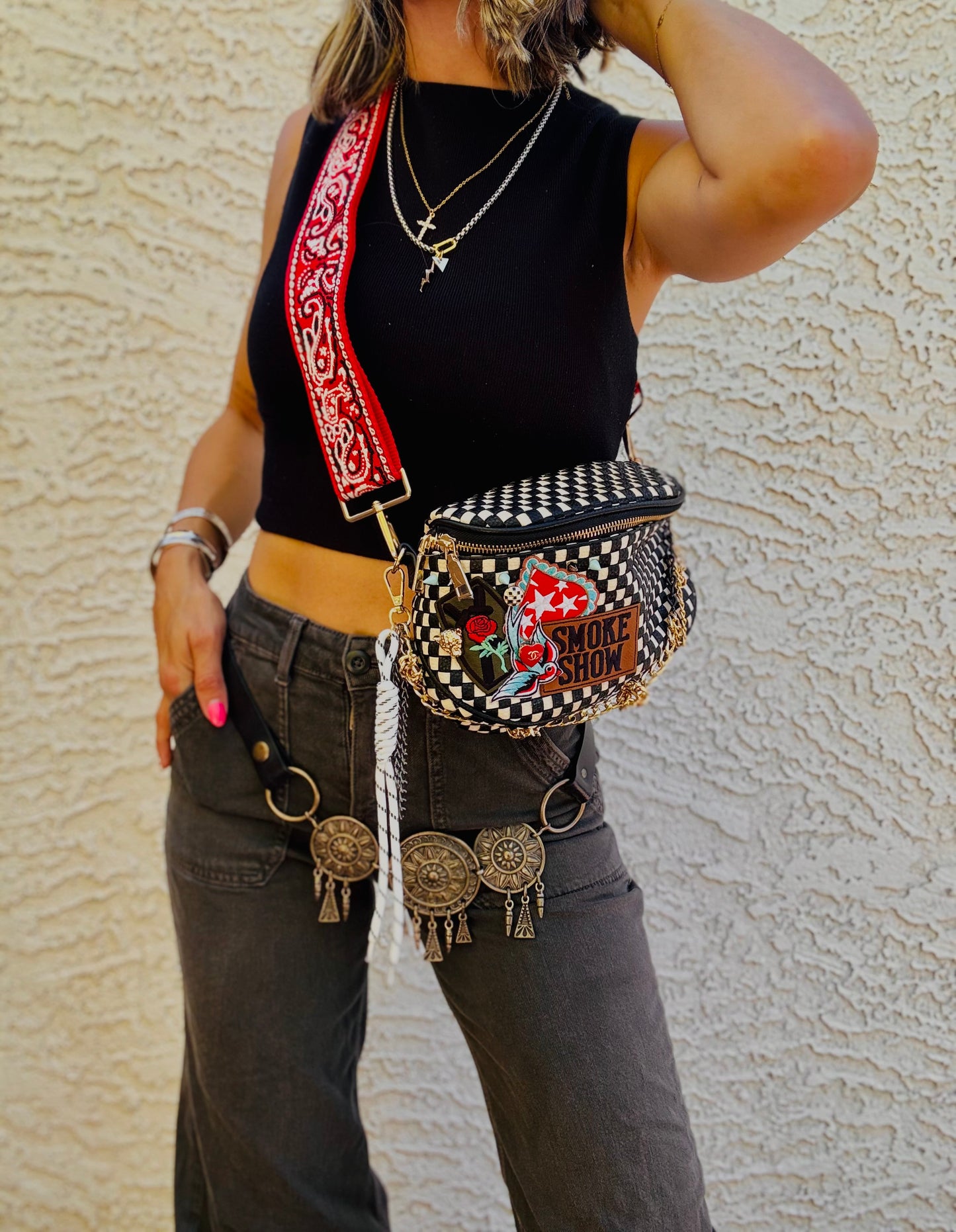 BBBC-smoke show vintage red and teal multiple buttons and charms ￼+PHOENIX BAG