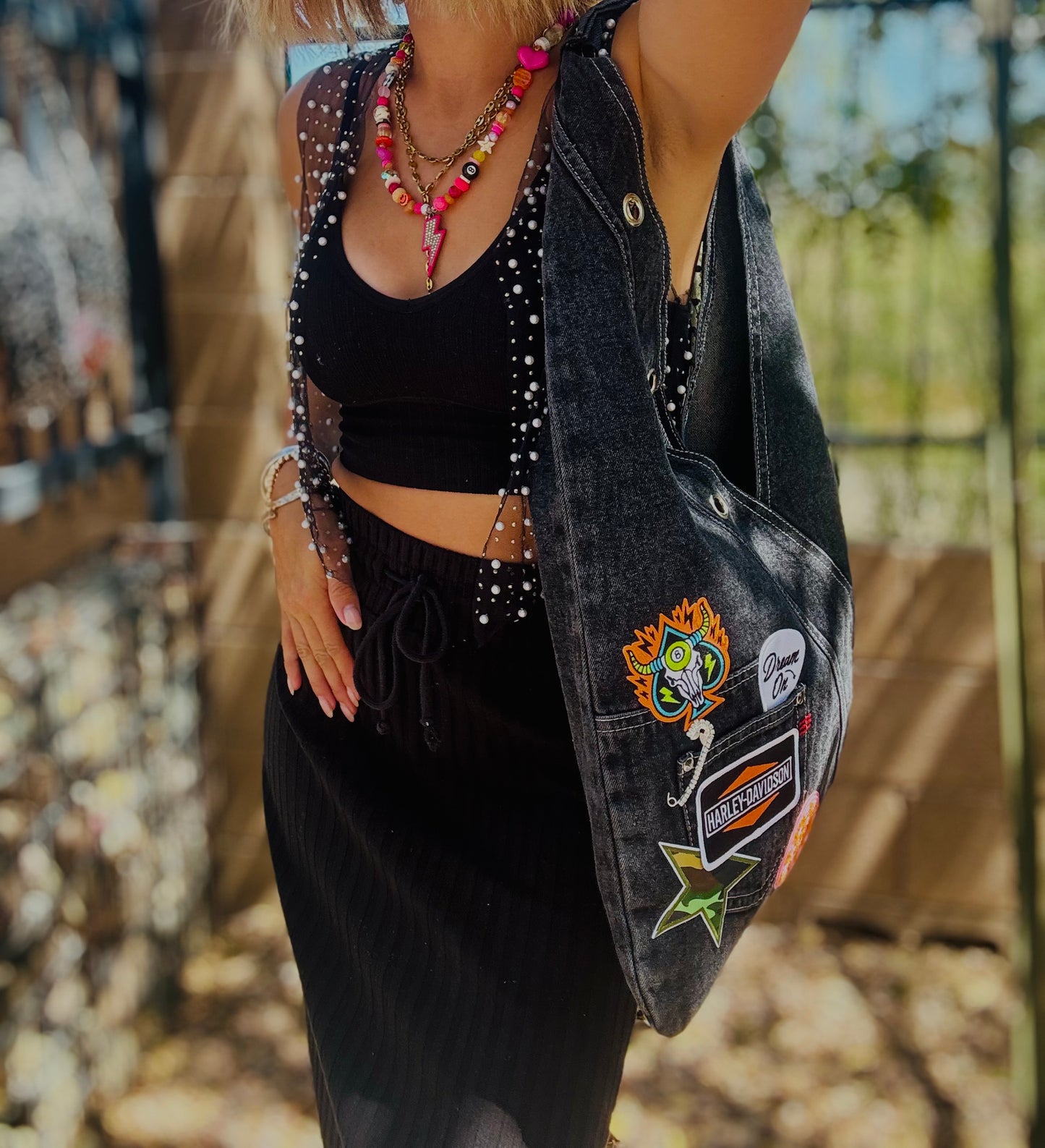 RTS-DREAM ON DARK DENIM BABE-HOBO TOTE genuine sewn denim