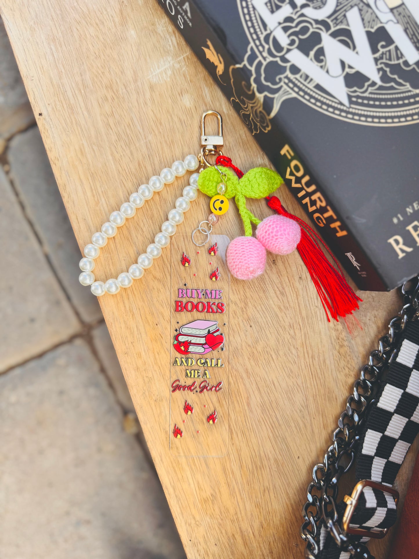 BBC-smiley hand beaded+ buy me books and call me a good girl crocheted cherry ￼