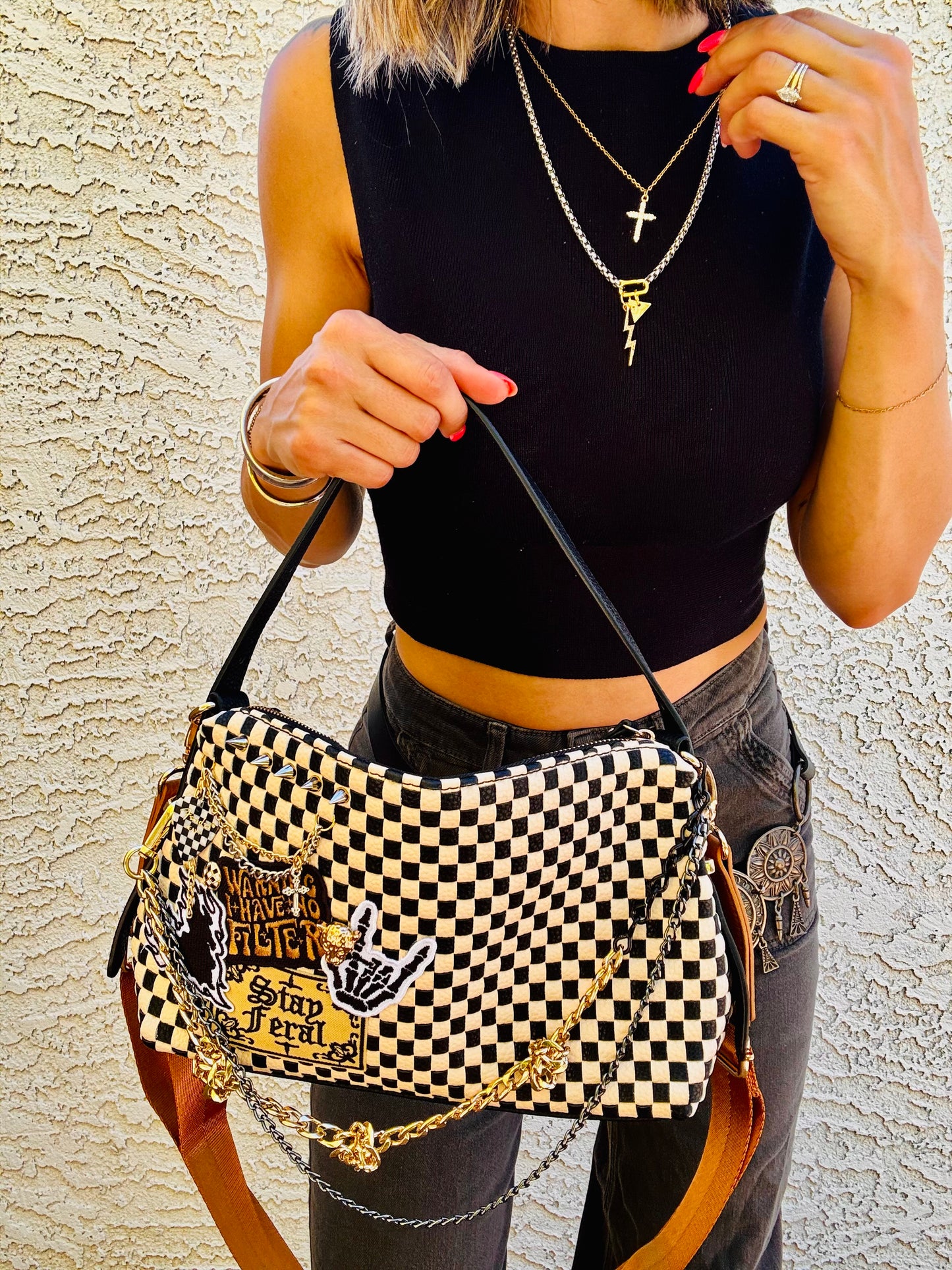 BBBC- OG stay feral warning no filter+ checkered fender guitar pick and charms ￼+** GILBERT ** multi straps