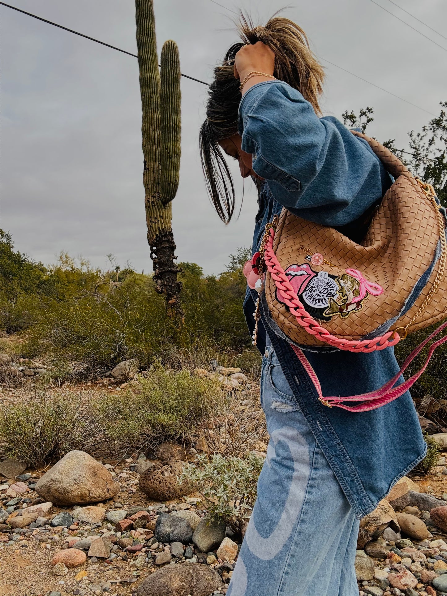 NY-day you deserve pink and denim babe+ denim snaffle bit and checkered *CHANDLER BAG**