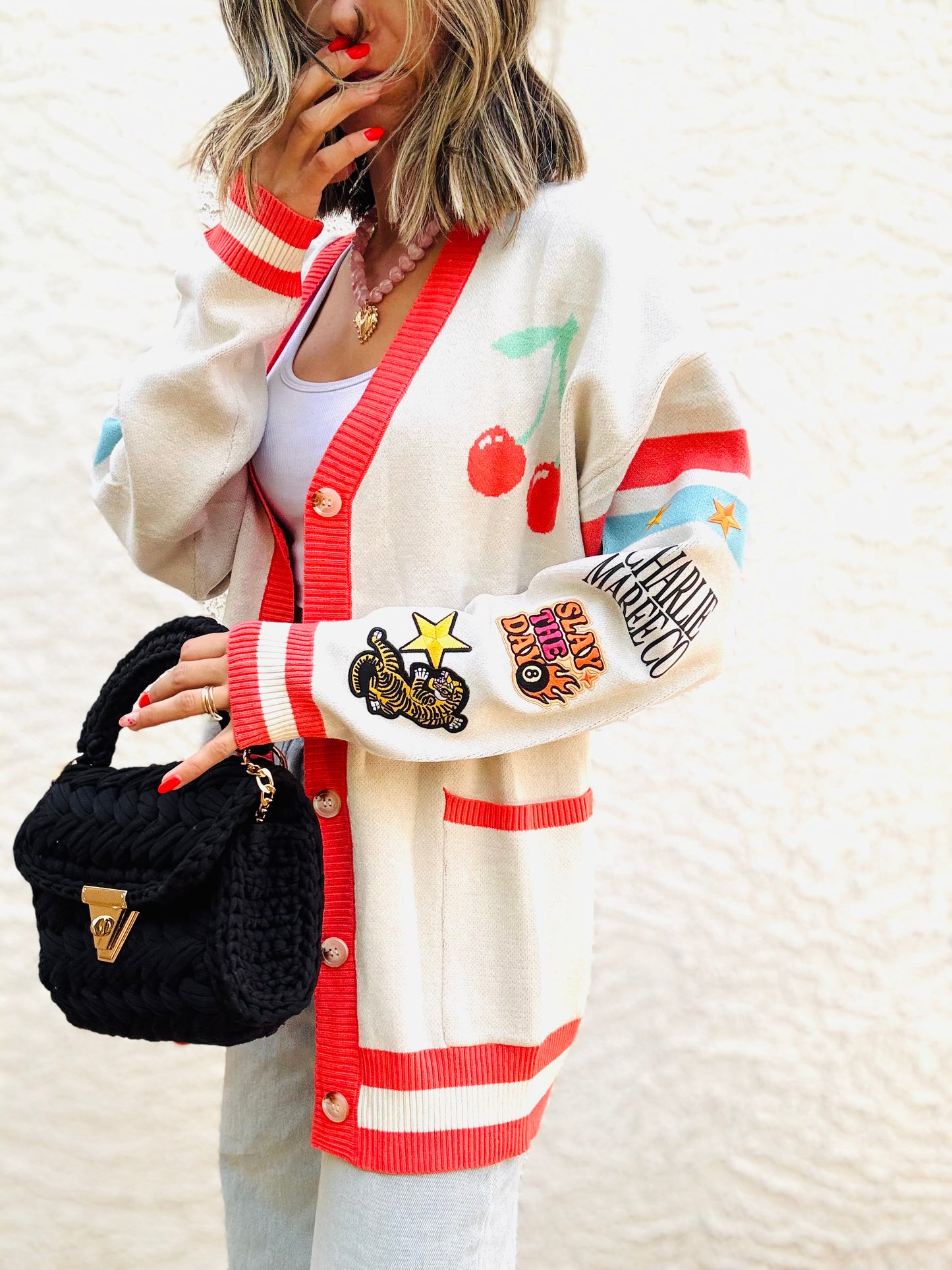 BBH-CHERRY BOMBER CARDIGAN + slay the day tiger +￼ CM CO. babes
