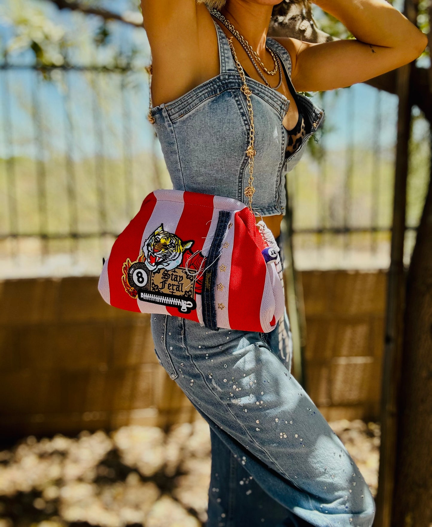 RG-stay feral- denim stitch work +** lavender and red stripe LIZZIE KISS CLUTCH￼** WITH STRAP