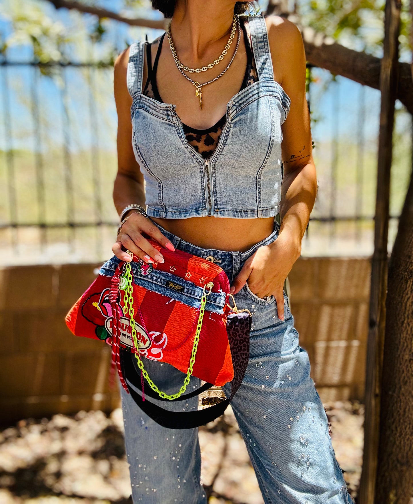 RG-houston I’m the problem wrangler denim patch work  +** magenta pink and orange stripe LIZZIE KISS CLUTCH￼** WITH STRAP