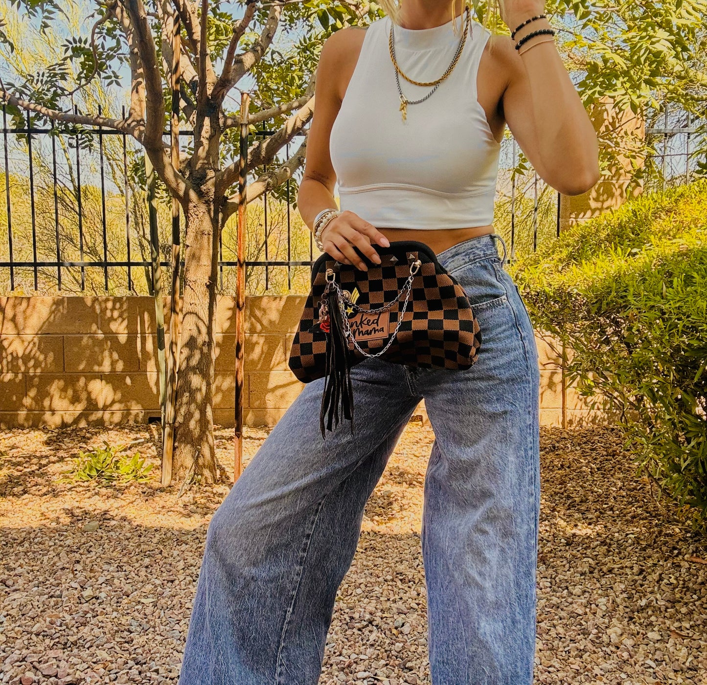 UM-INKED MAMA  CHECKERED BLACK AND BROWN +** LIZZIE KISS CLUTCH￼**