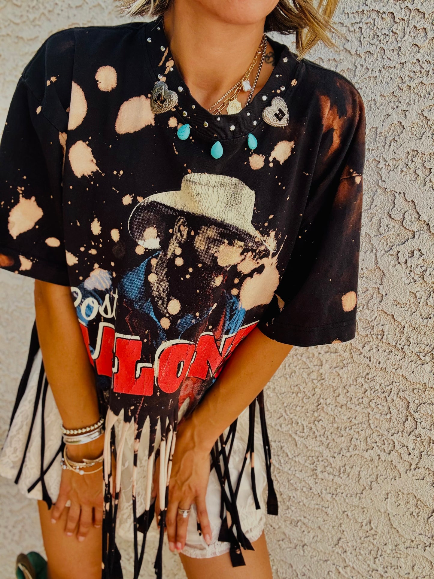 TEE- beaded collar country concert - DAD TEE MENS XL handmade fringe