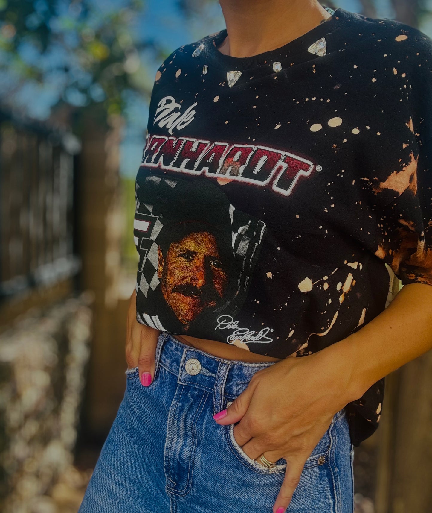 TEE-rhinestones dale - DAD TEE slit 1/2 back chain work rhinestones collar LARGE cropped