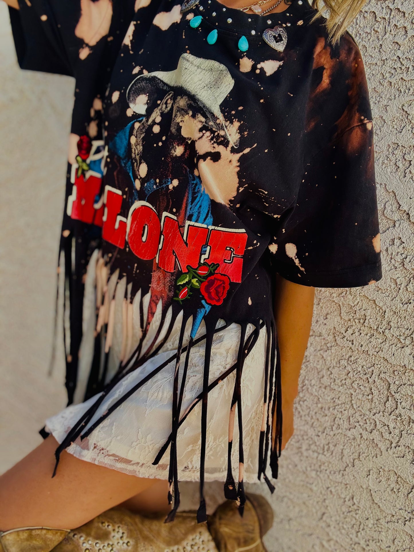 TEE- beaded collar country concert - DAD TEE MENS XL handmade fringe
