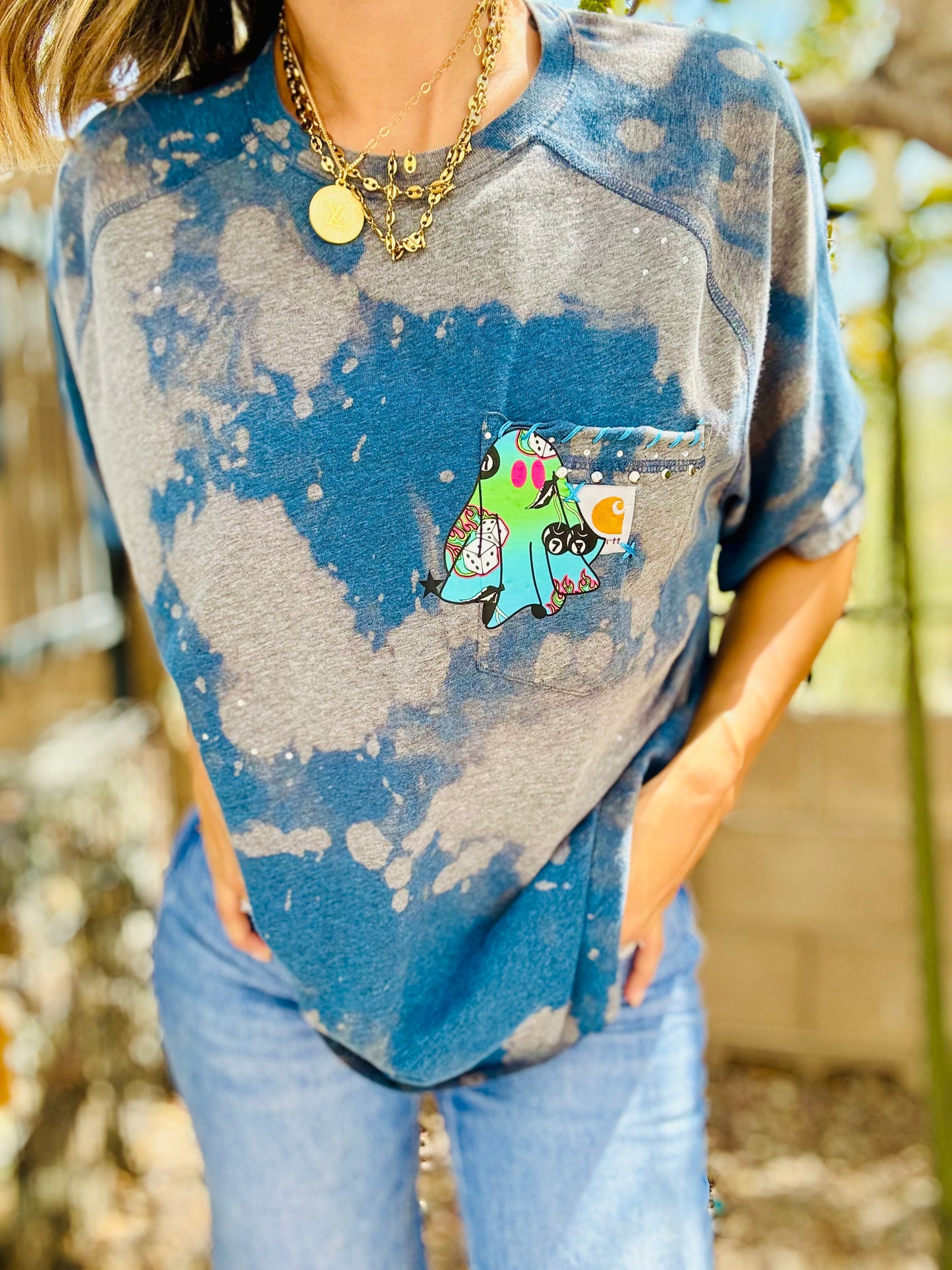 MD- printed blue ghostie +HUSBAND POCKET SHIRT -LARGE