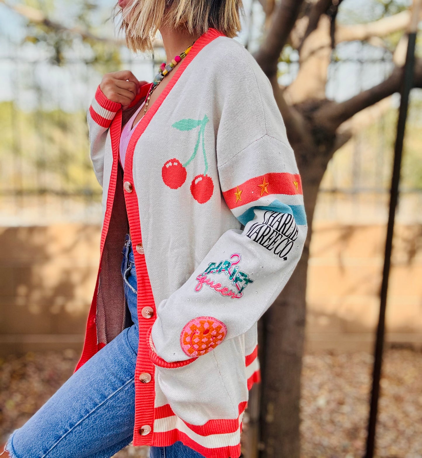 NC-CHERRY BOMBER CARDIGAN +thrift queen smiley + MEDIUM