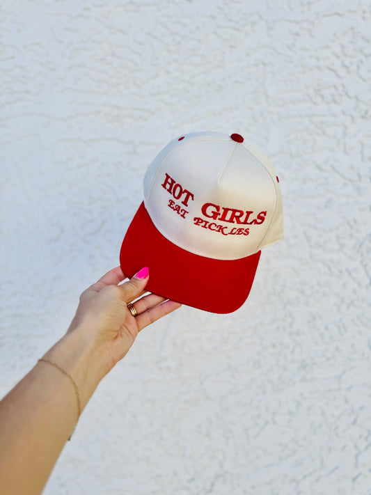 CT-hot girls eat pickles * red two tone canvas premium SNAPBACK TRUCKER