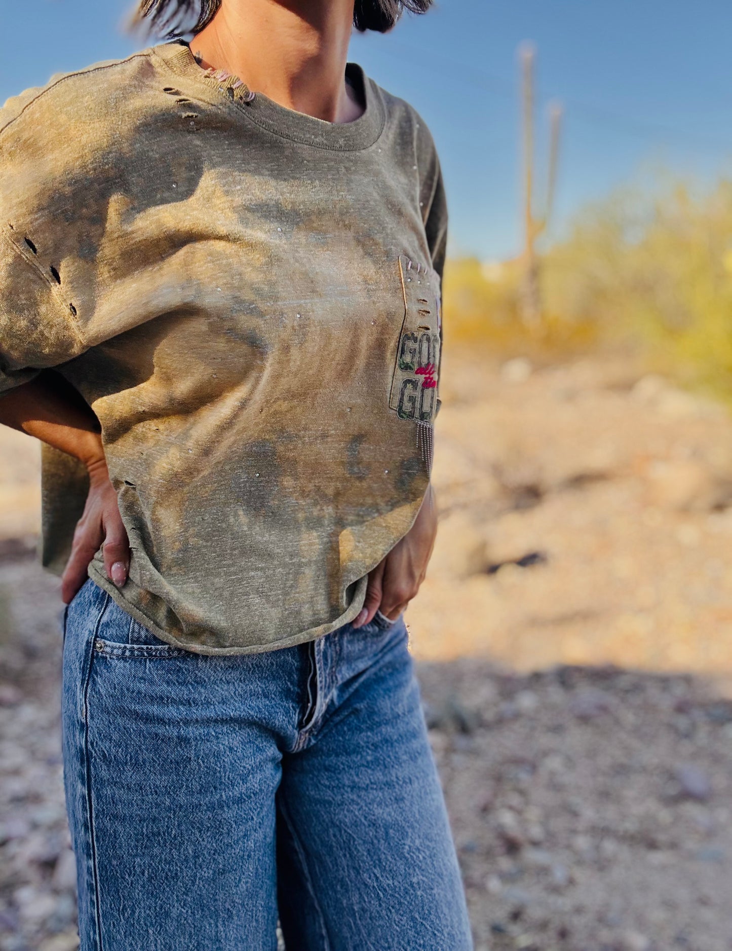 HD-bass fish god is good camo   - sage DISTRESSED POCKET SHIRT - MENS LARGE CUT