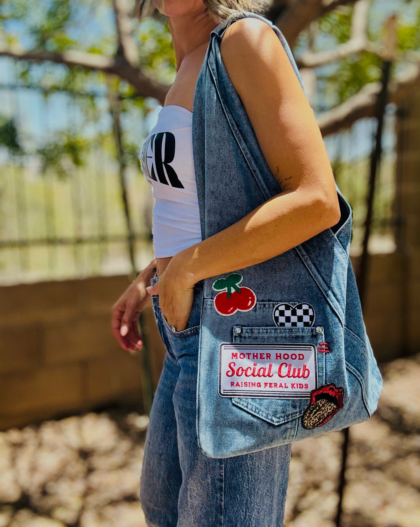 RTS- motherhood social club-HOBO TOTE genuine sewn denim light blue