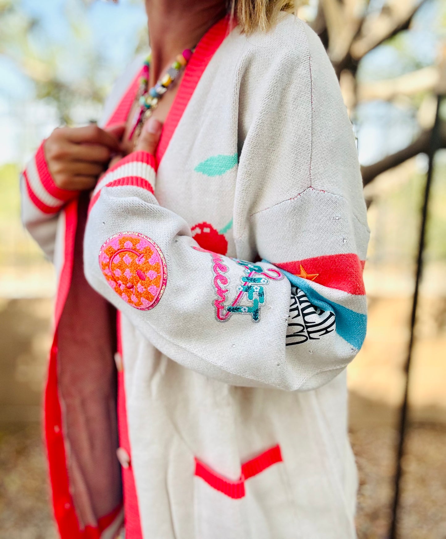 NC-CHERRY BOMBER CARDIGAN +thrift queen smiley + MEDIUM