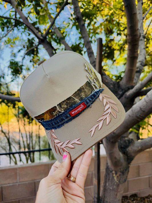 23-REIMAGINED DENIM PATCH WORK TRUCKER -hem label WITH CONCHOS - EMBROIDERED BILL FULL CANVAS SNAP BACK
