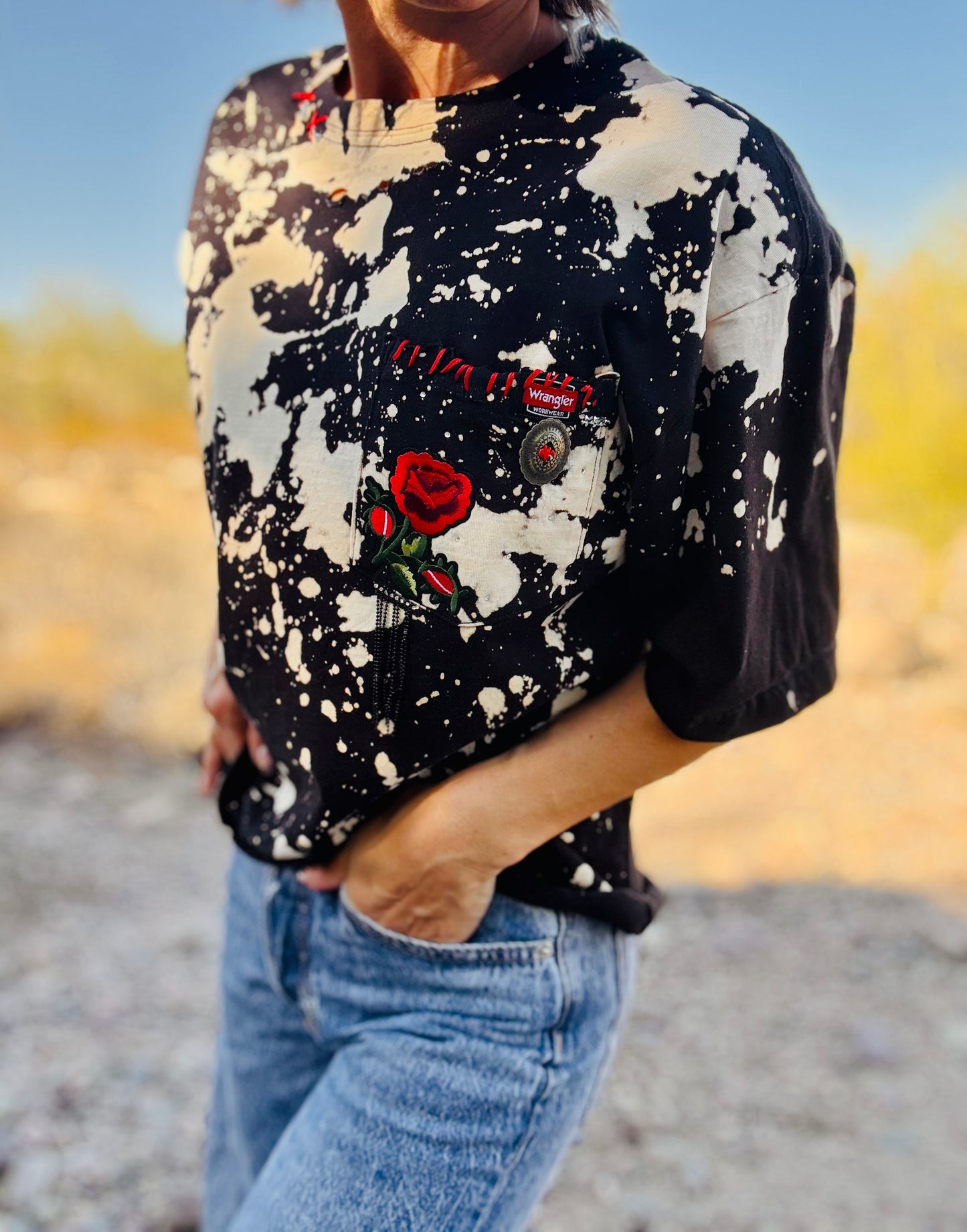 HD-red rose - black DISTRESSED POCKET SHIRT - MENS LARGE CUT