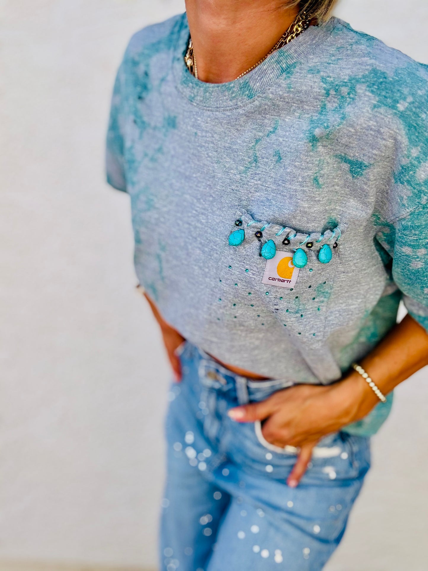 HD-STITCHED BEADED TURQUOISE DISTRESSED POCKET SHIRT - MENS MEDIUM