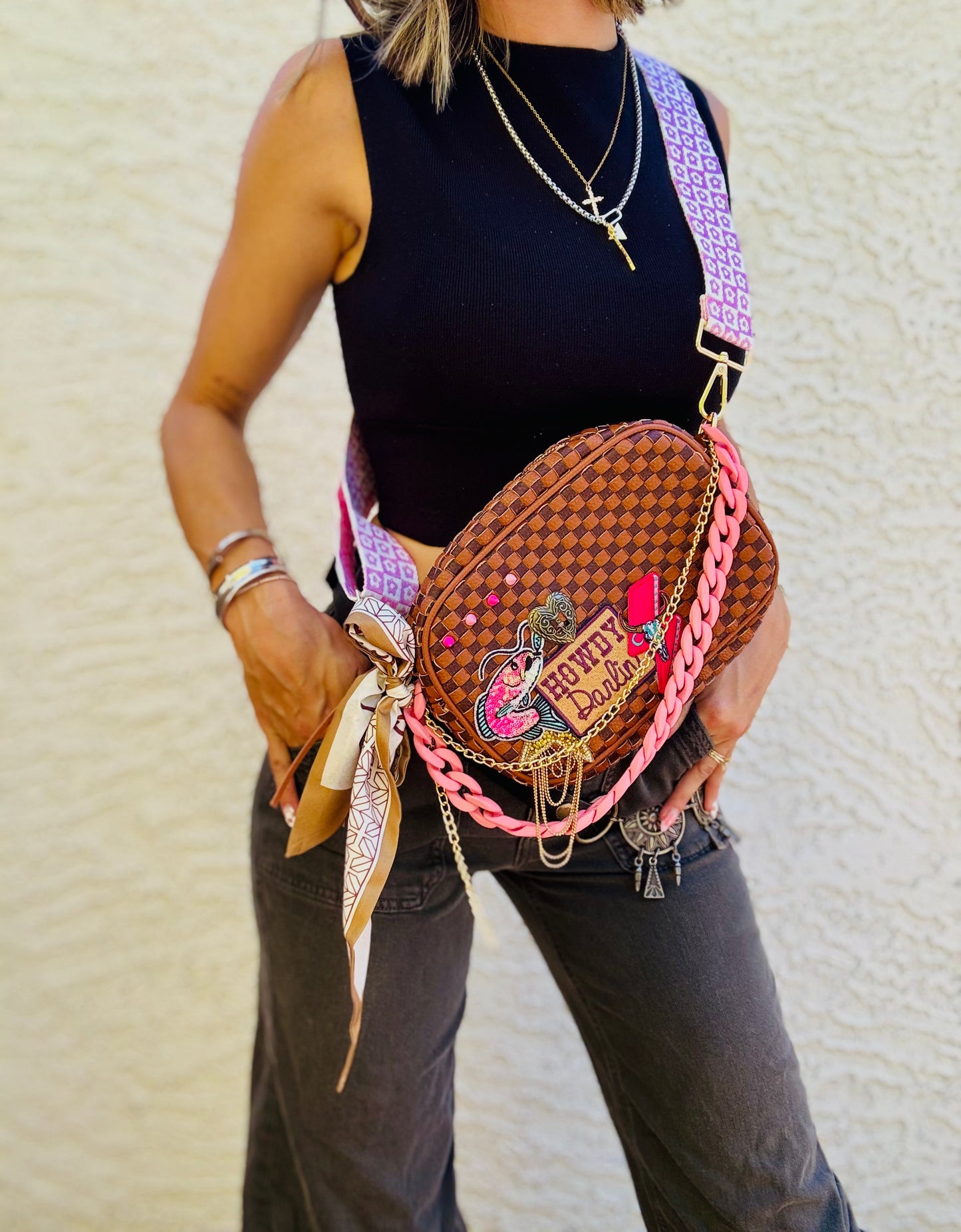 BBBC-HOWDY DARLIN SEWN CONCHO -CHECKERED BROWN OG *Page Bag*