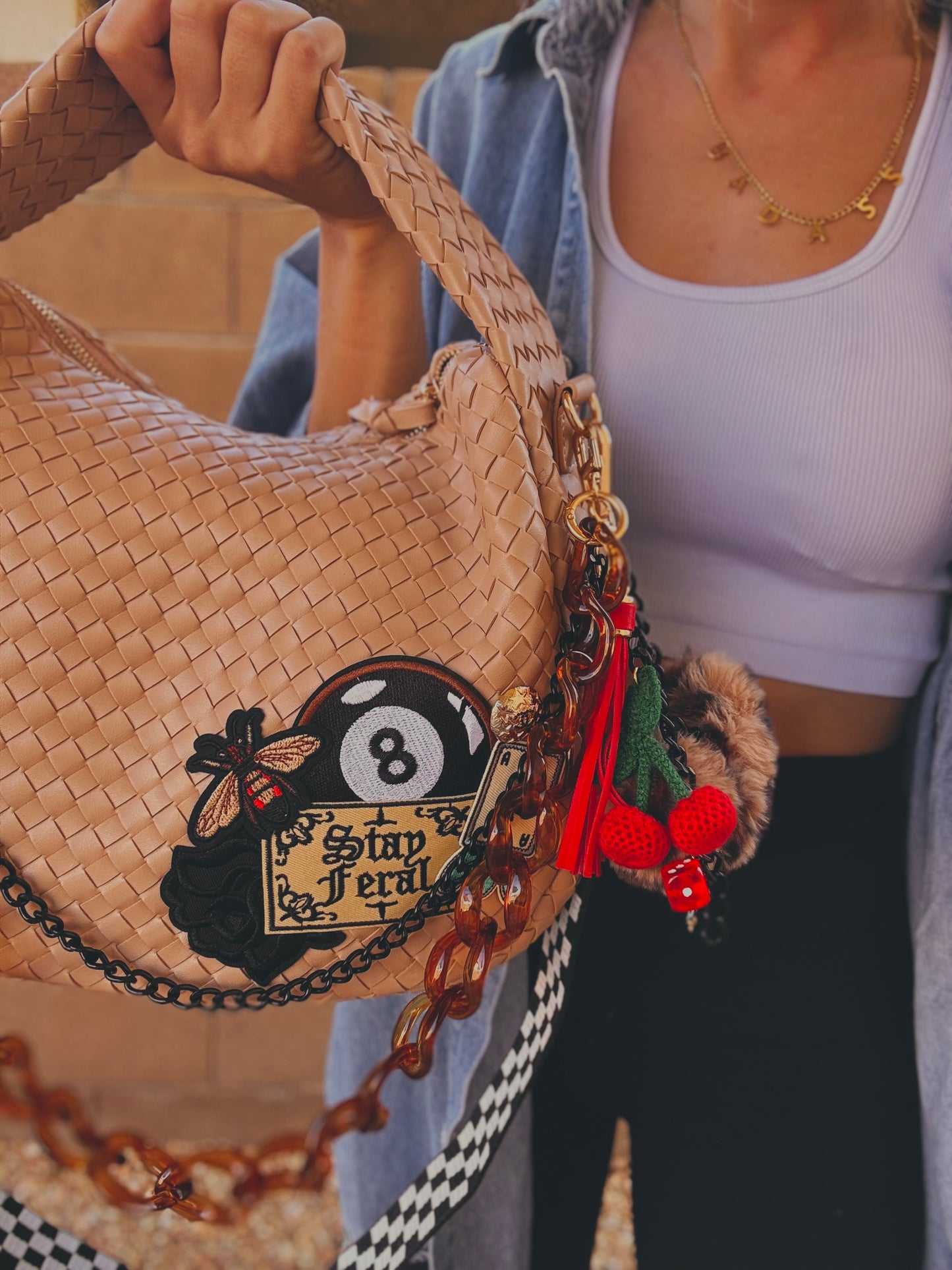 FC-Stay Feral + Upcycled authentic button upgraded +tan bag   *CHANDLER BAG**