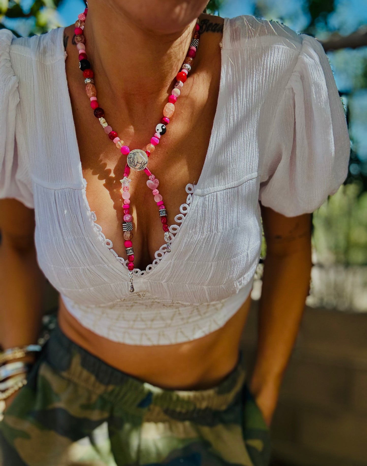 NC- buffalo bolo +Handmade chunky beaded necklace