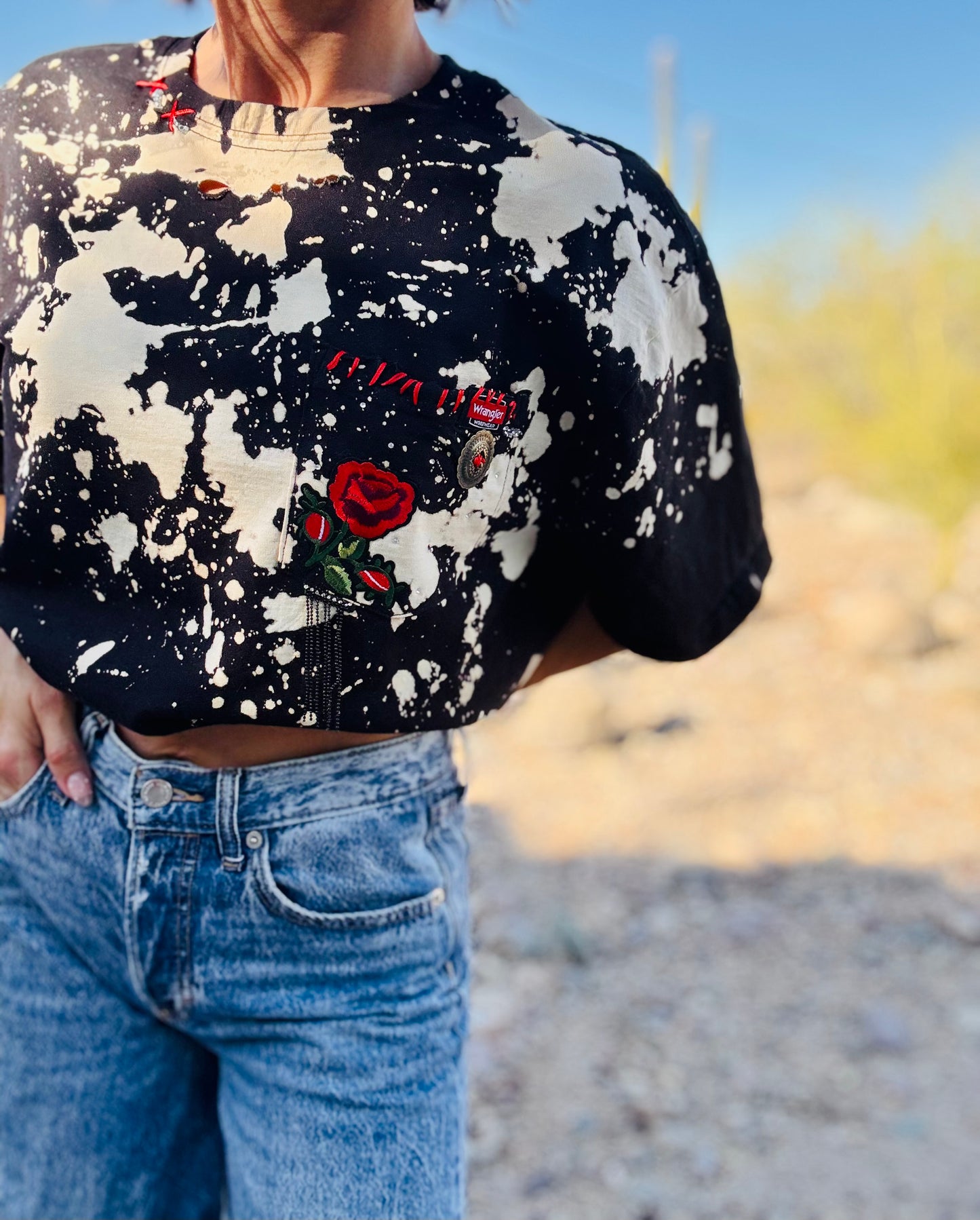 HD-red rose - black DISTRESSED POCKET SHIRT - MENS LARGE CUT