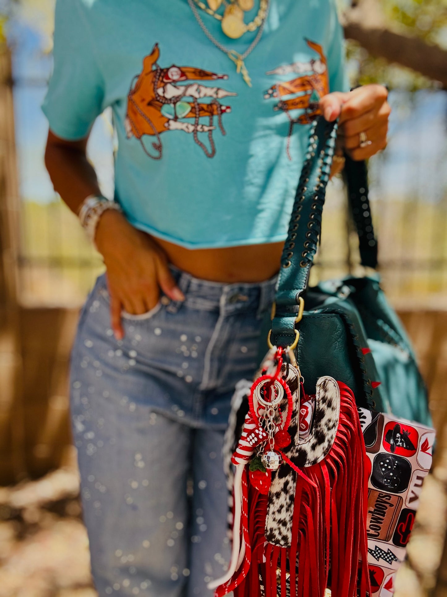 SAT-HOUSTON IM THW PROBLEM PRETTY AND EDGY- HANDMADE GENUINE COWHIDE CACTUS FRINGE- crossbody strap included** The Jerome**