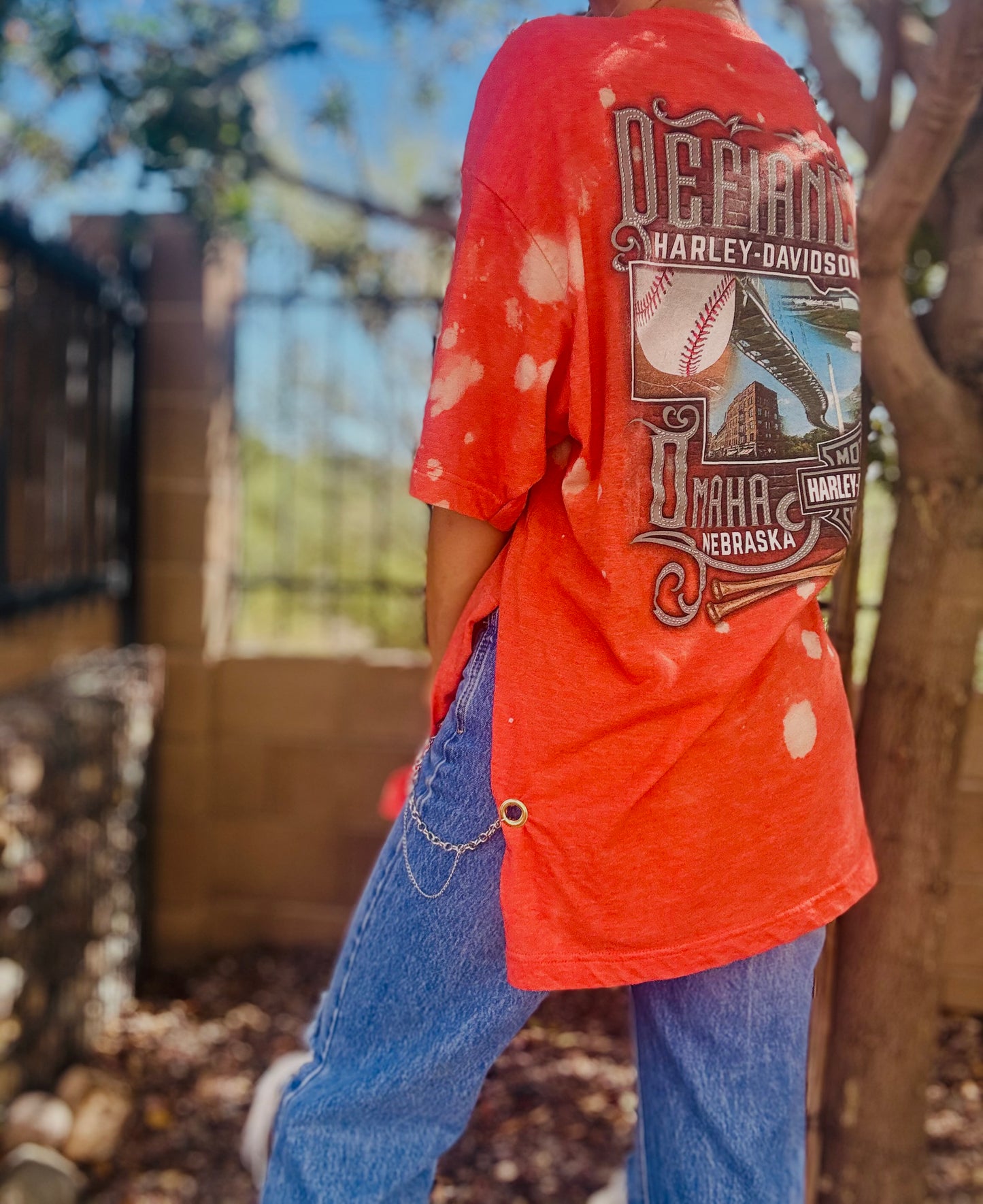 TEE-rhinestones baseball bike babe - DAD TEE slit back chain work rhinestones collar XL