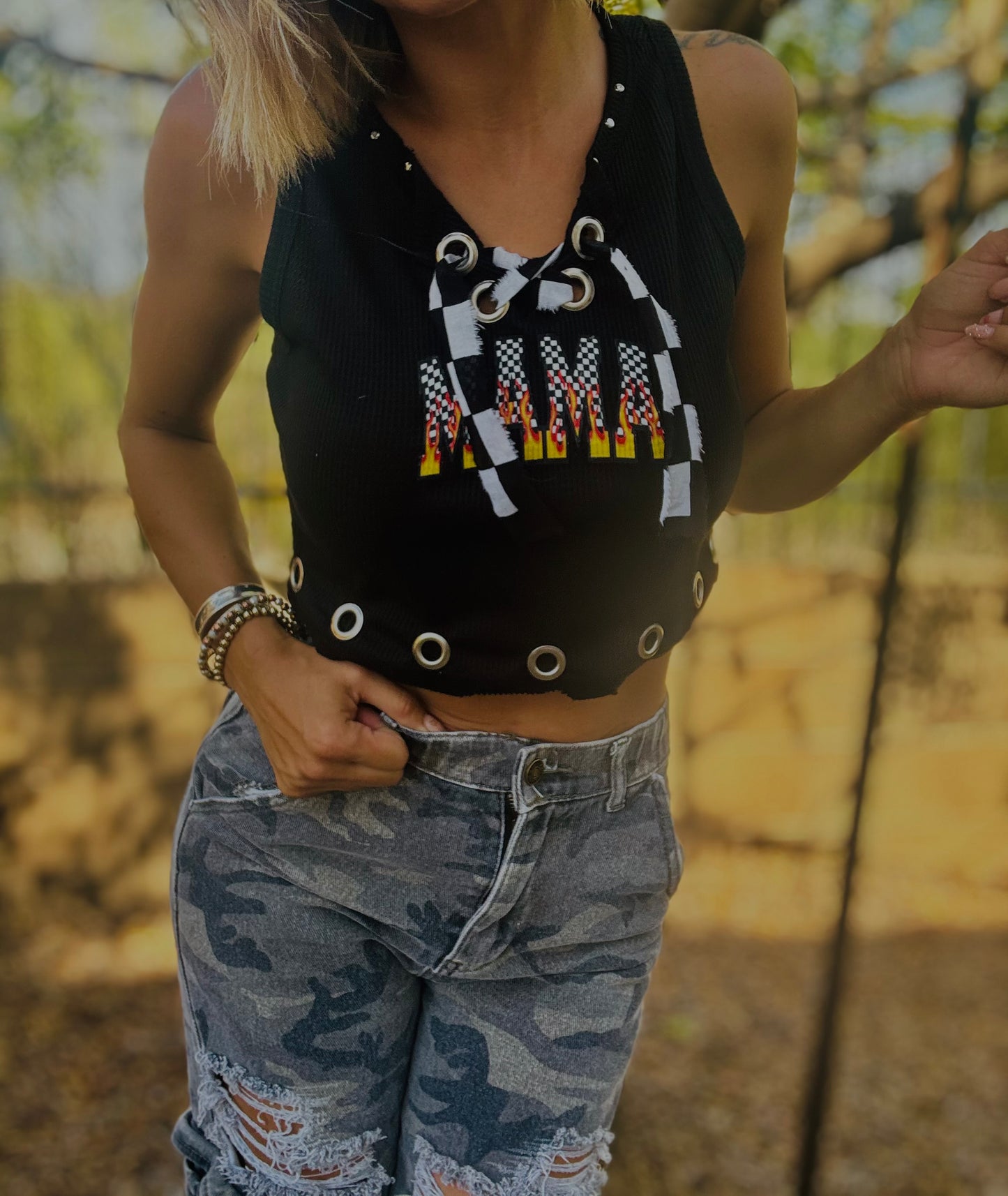 HMT-checkered mama + HEAVY METAL CROP TANK size MEDIUM