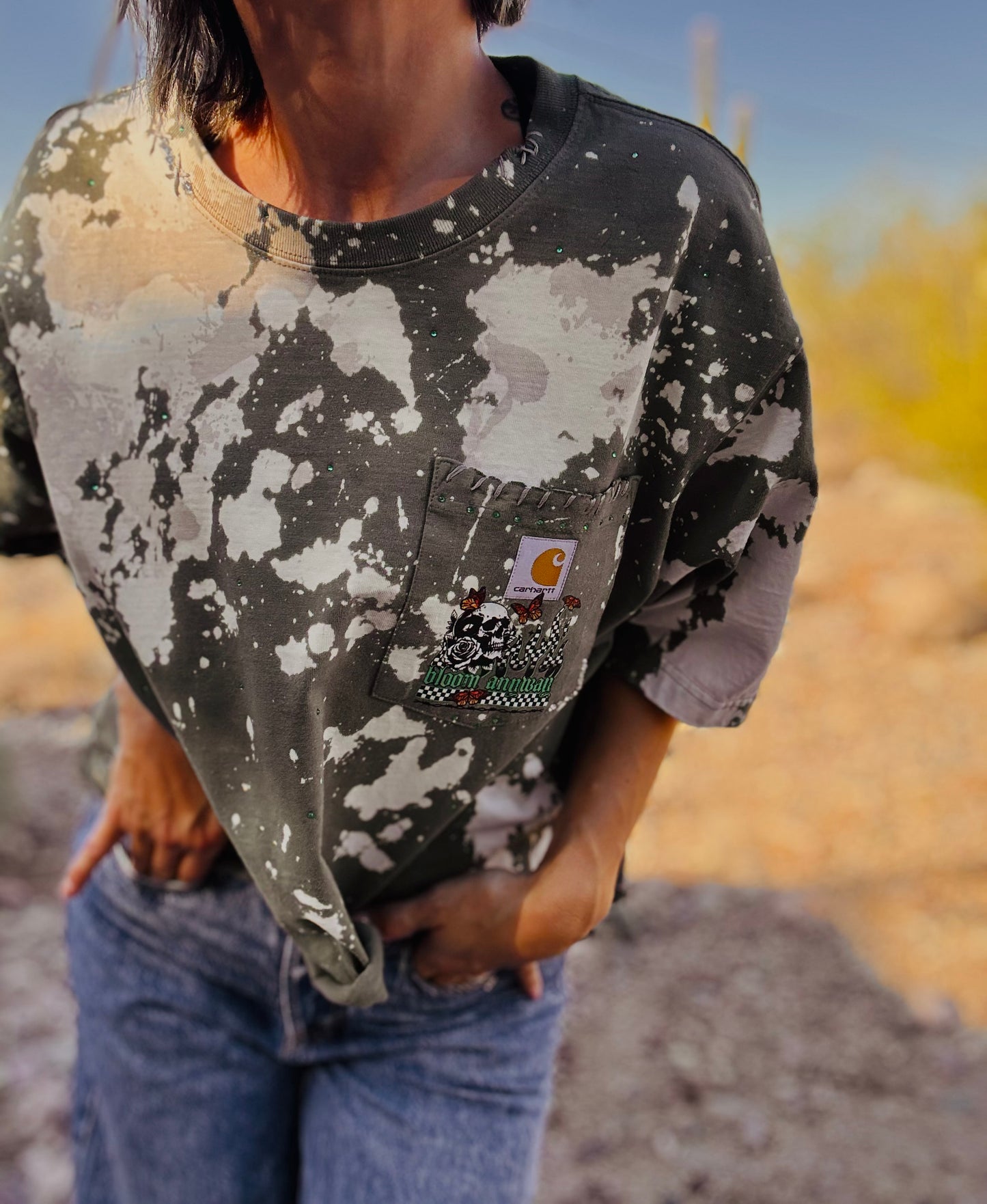 HD-bloom anyway butterfly skulls - sage green- DISTRESSED POCKET SHIRT - MENS MEDIUM CUT