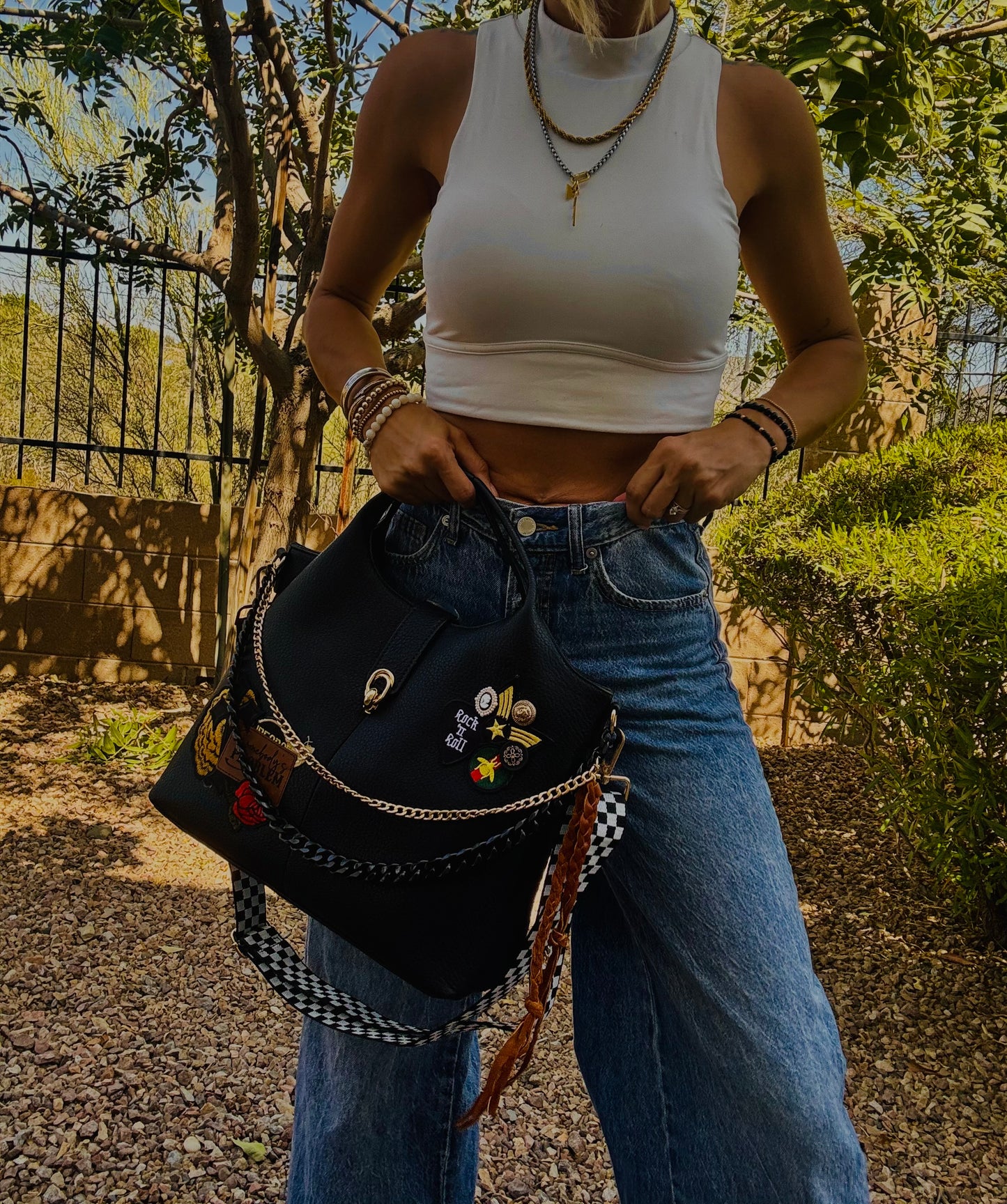 UM - SOMEBODYS PROBLEM ROCK AND ROLL VINTAGE CHECKERED STRAP+ elk hide accents +TUCSON ￼** multi straps