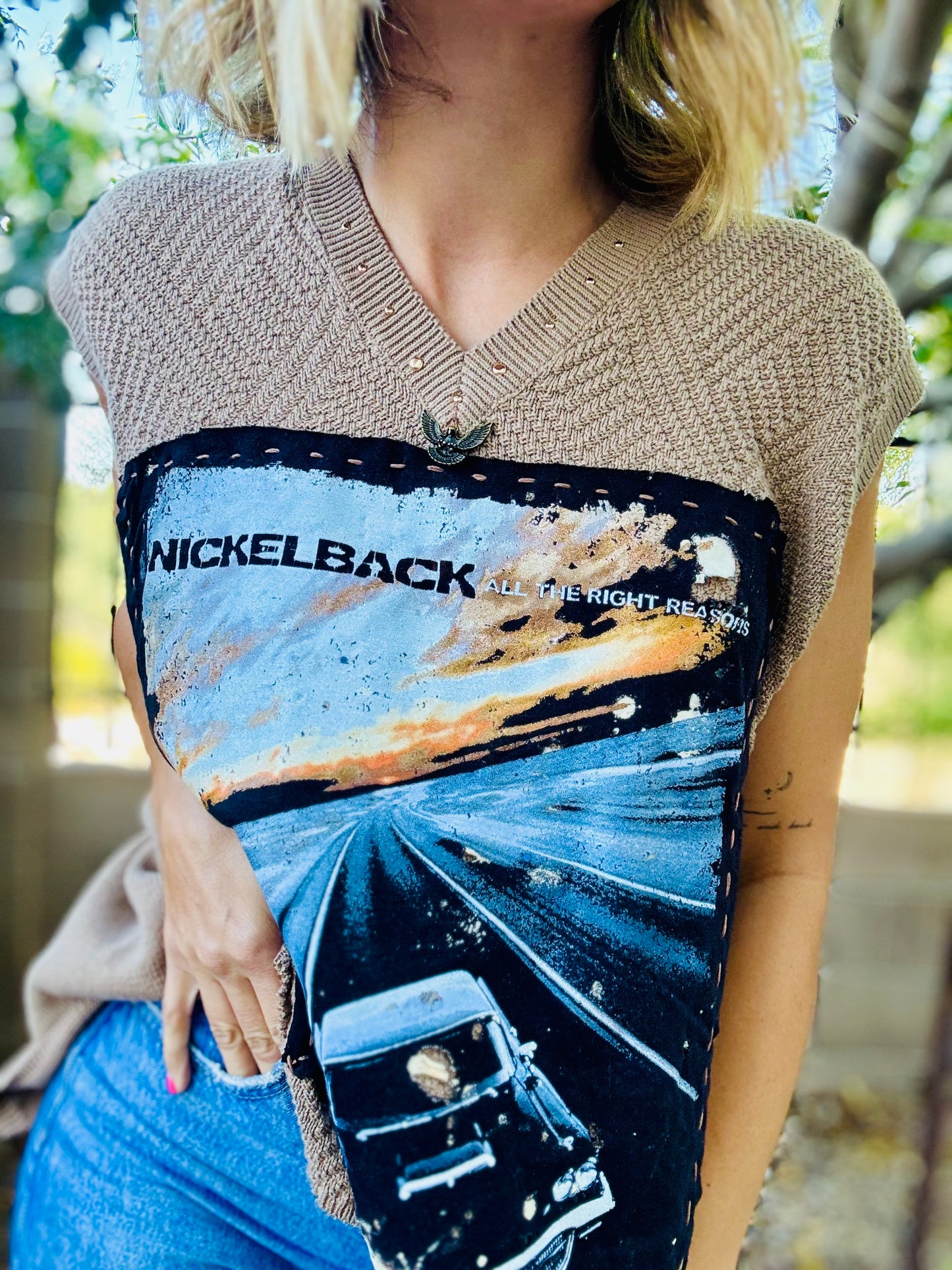 23-ROCK Band DAD SWEATER VEST- Reimagined with OPEN BACK and Cut hem- MENS MEDIUM loose open back fit