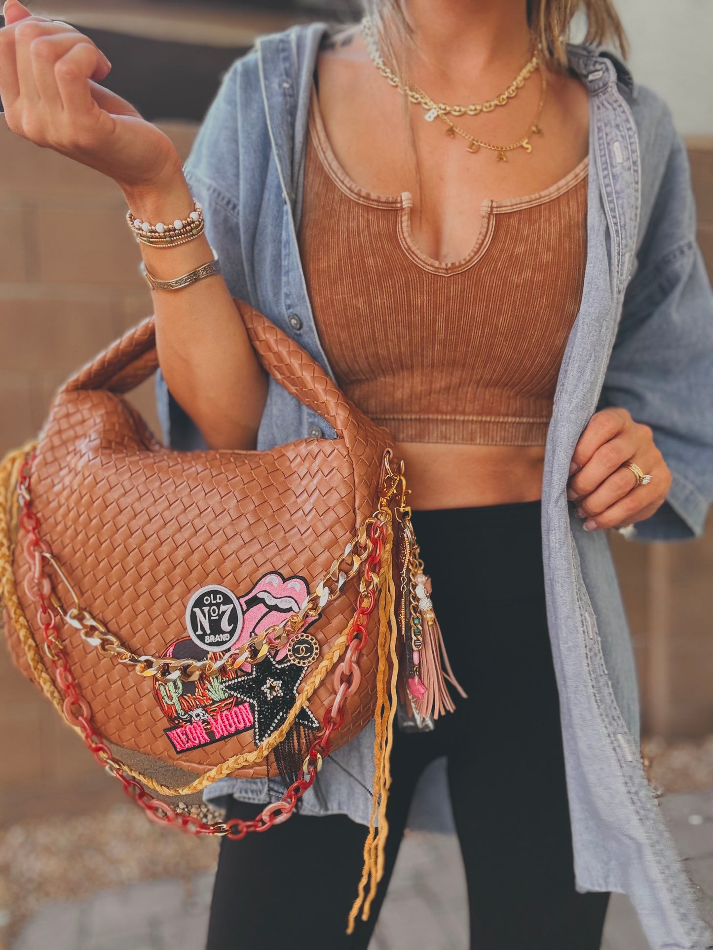 FC-neon moon 7+UPCYCLED AUTHENTIC BUTTON+ upgraded genuine tooled leather strap +Light brown bag   *CHANDLER BAG**