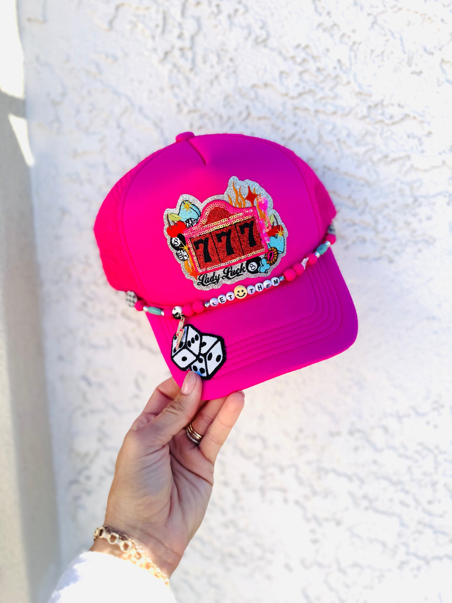 PT-777 lucky pink babe + upgraded handmade beaded chain by cm co.  +Traditional foam SnapBack trucker