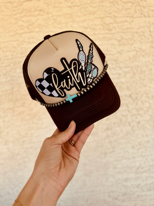 9- faith turquoise peace and cross tan and brown traditional Trucker