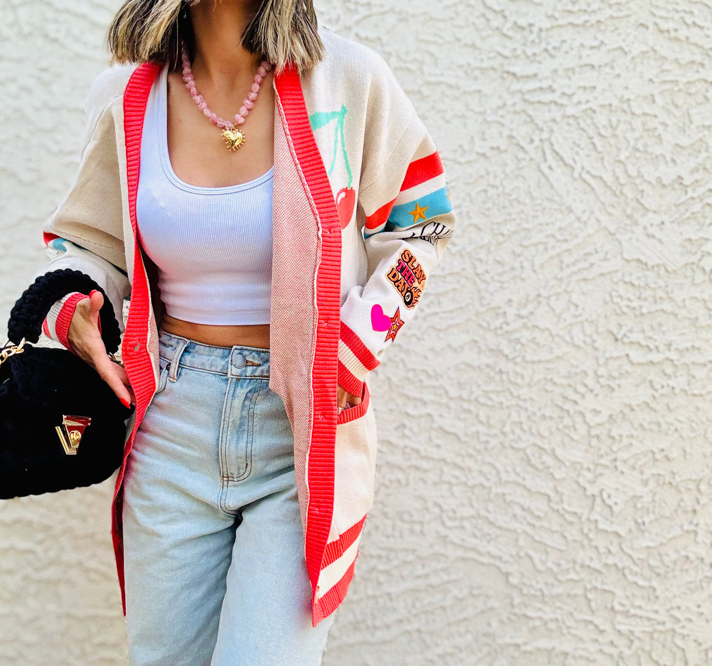 BBH-CHERRY BOMBER CARDIGAN + slay the day retro babe  +￼ CM CO. babes