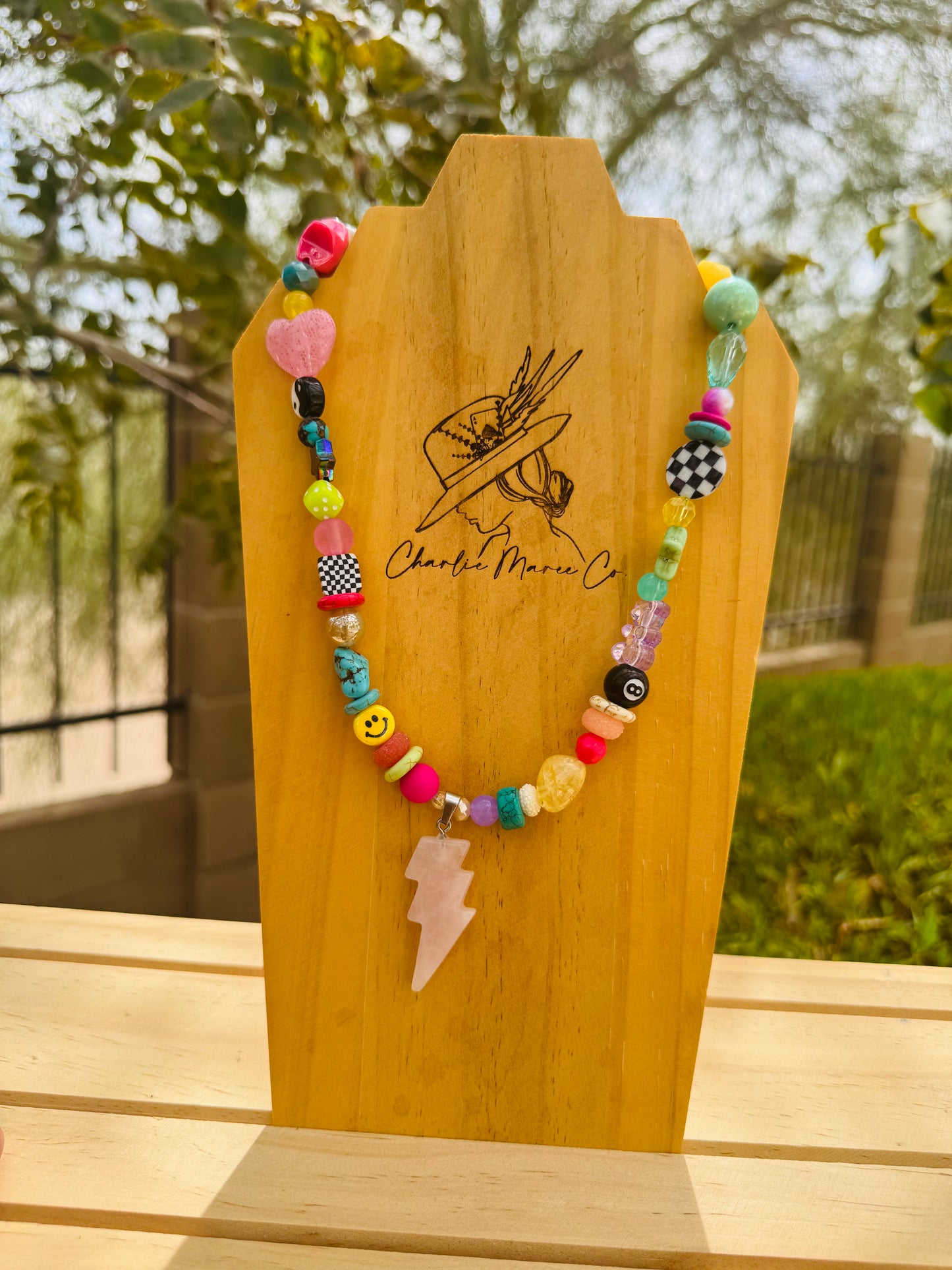 NC- whimsical strawberry quartz Bolt+Handmade chunky beaded necklace