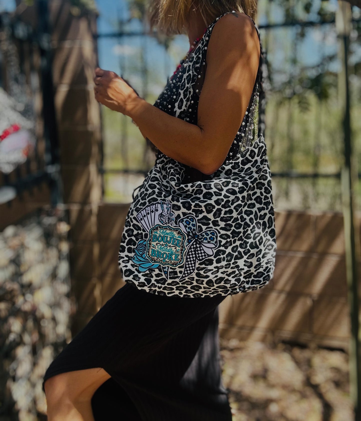 RTS-mostly boujee Mindy broke - light leopard fabric tote