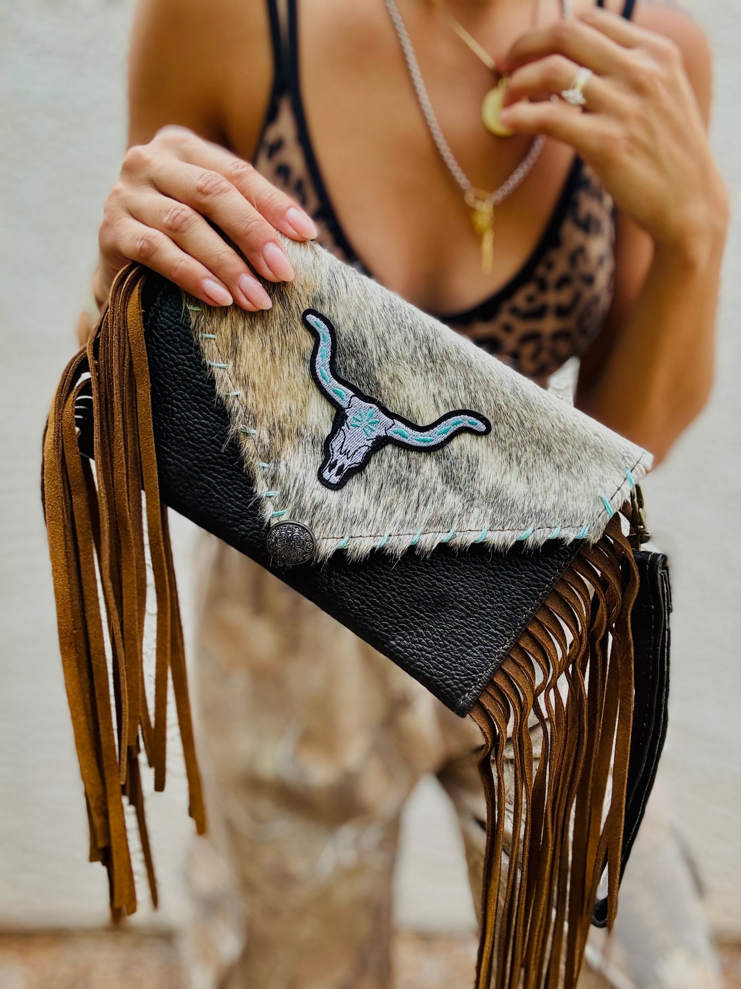 AUGBAG- GENUINE COWHIDE HAIR ON CLUTCH WRISTLET + FRINGE BAG- REAL AUTHENTIC WITH steer patchwork hand stitched teal sides and vintage button accent