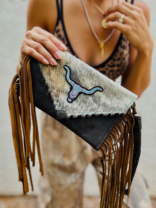 AUGBAG- GENUINE COWHIDE HAIR ON CLUTCH WRISTLET + FRINGE BAG- REAL AUTHENTIC WITH steer patchwork hand stitched teal sides and vintage button accent
