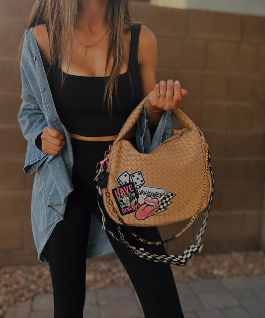 HA- have the day you deserve pink checkered Unhinged UPCYCLED CC BUTTON -taupe bag   *CHANDLER BAG**