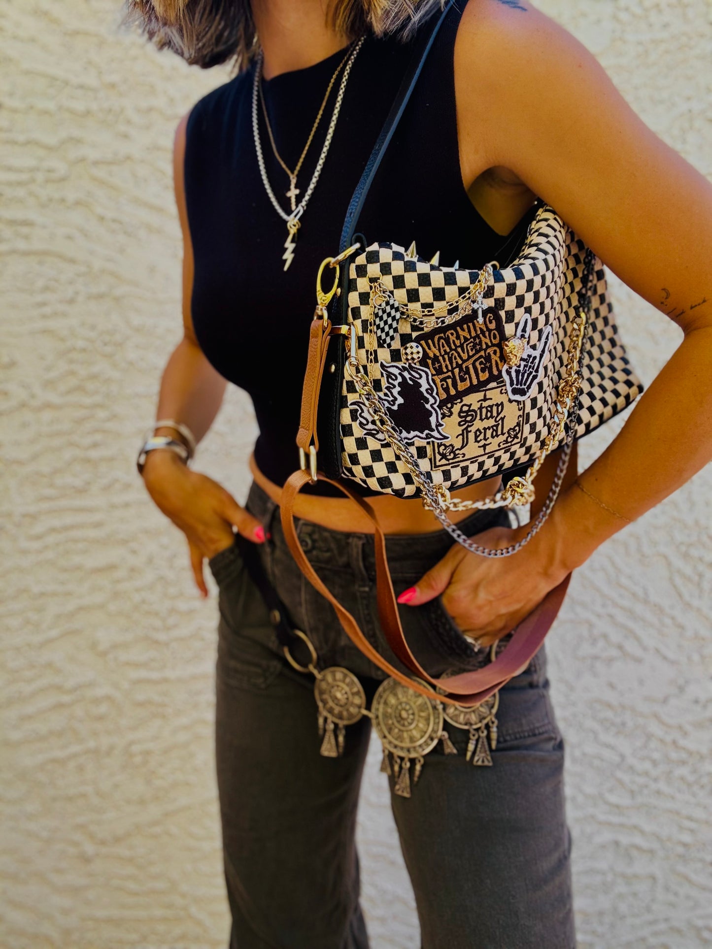 BBBC- OG stay feral warning no filter+ checkered fender guitar pick and charms ￼+** GILBERT ** multi straps