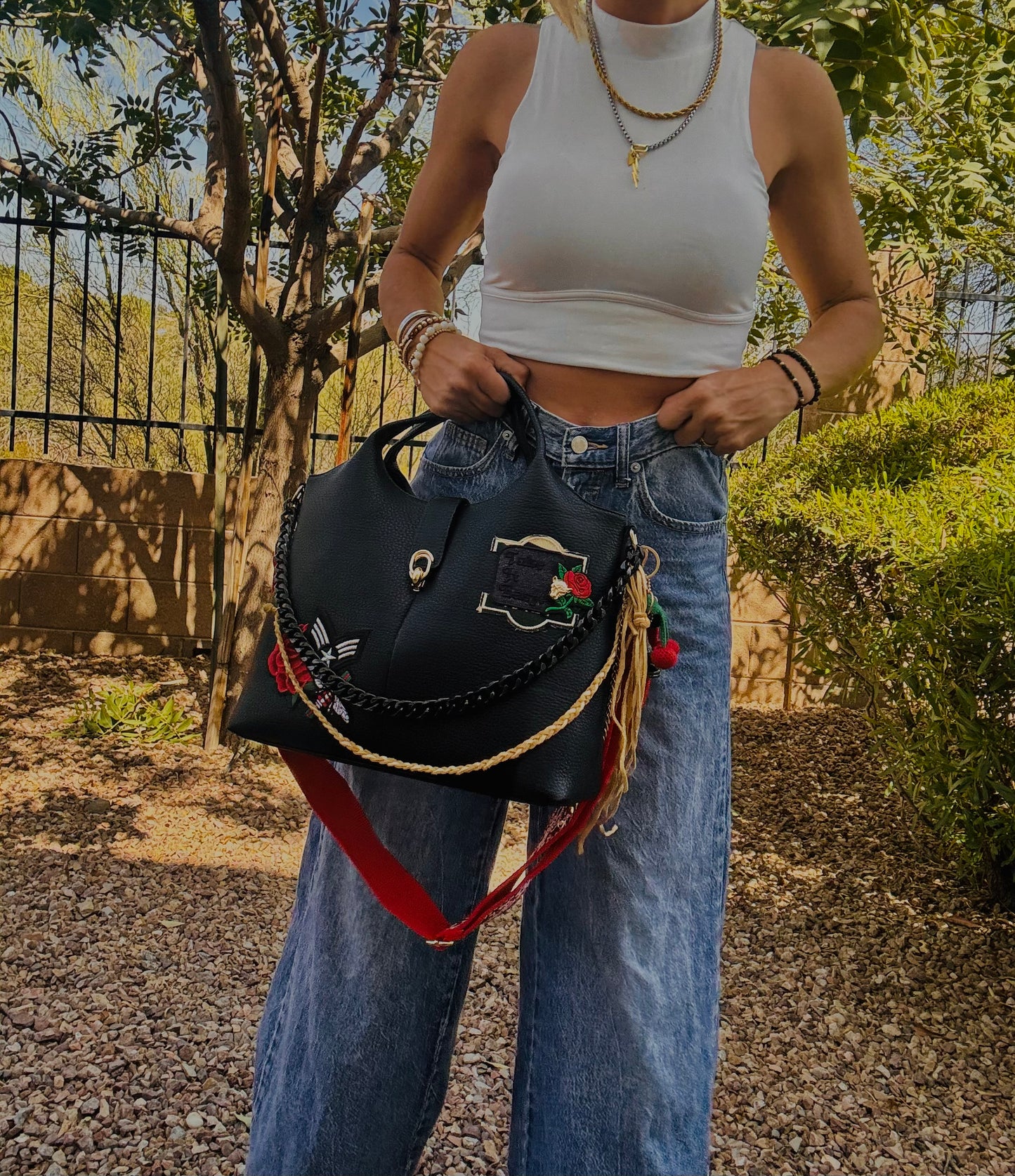 UM -TAKE IT EASY VINTAGE RED BANDANA  STRAP elk hide accents +** TUCSON ￼** multi straps