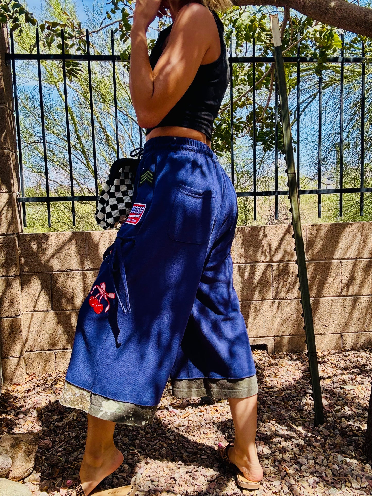 AUG-patched sweat cut offs - SIZE MEDIUM elastic band with draw string run true to sweatpants fit traditional