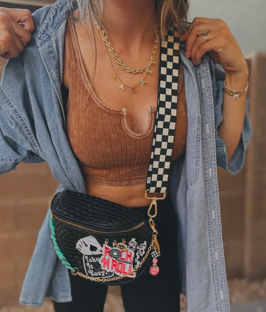 FC-Take it easy+ rock and roll UPCYCLED AUTHENTIC BUTTON + upgraded checkered strap OG+PHOENIX BAG