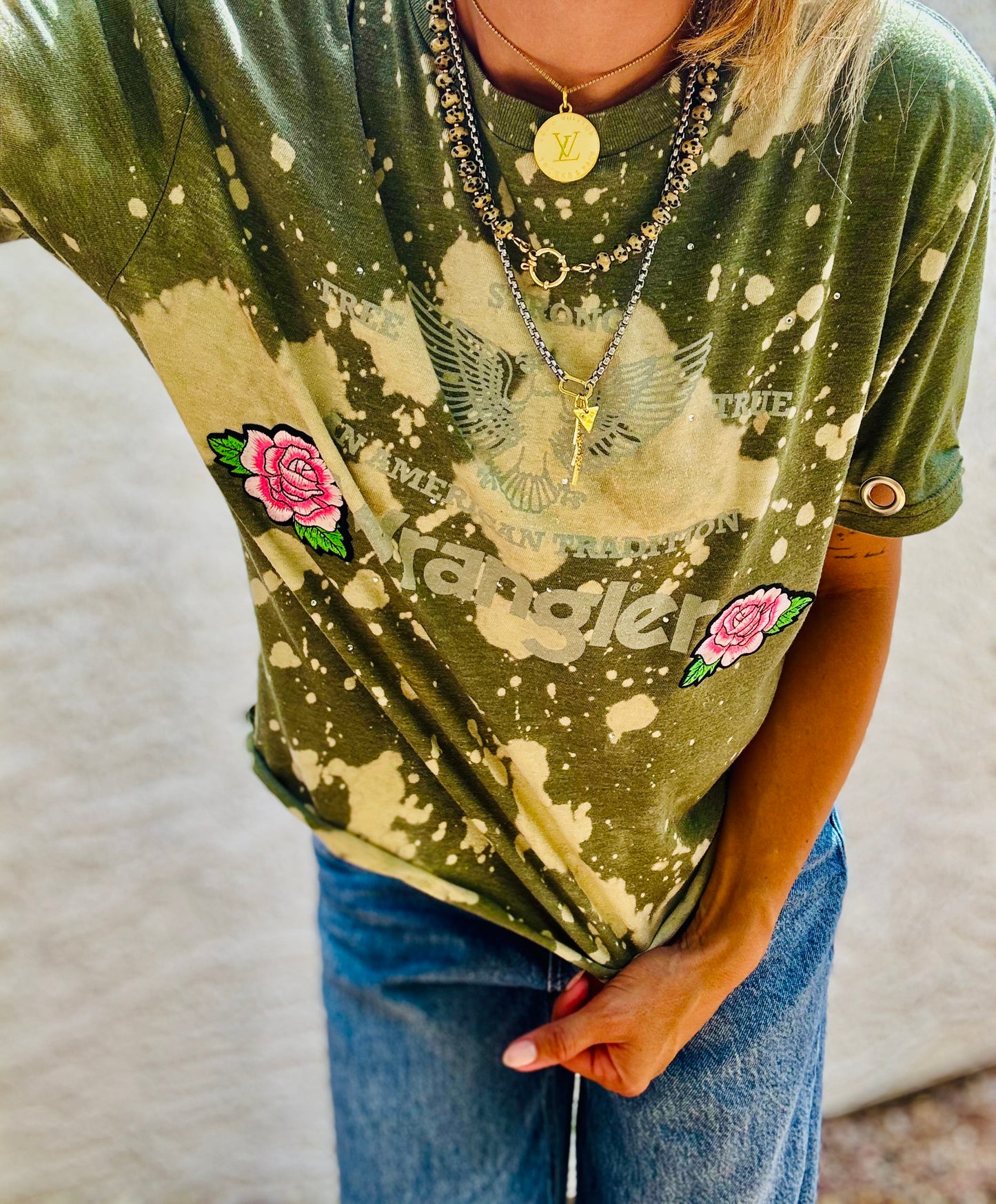 TEE-pink rose wrang metal sleeeves - DAD TEE SMALL