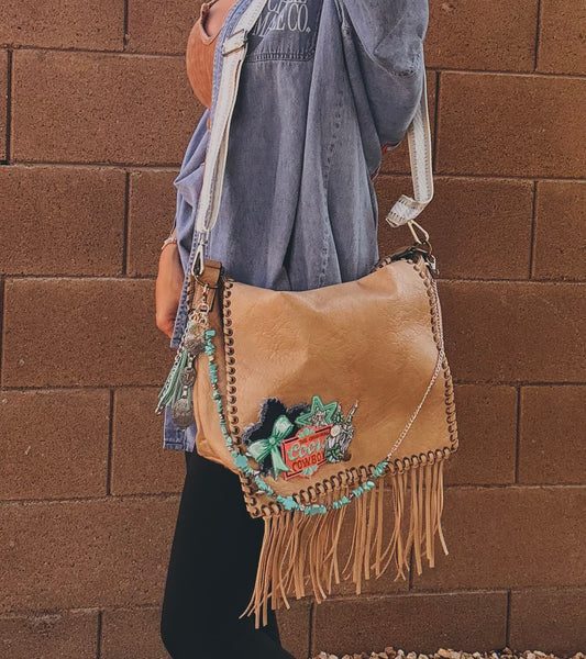 FC-turquoise and denim rodeo babe+ AUTHENTIC UPCYCLED BUTTON- crossbody strap included** The Jerome**